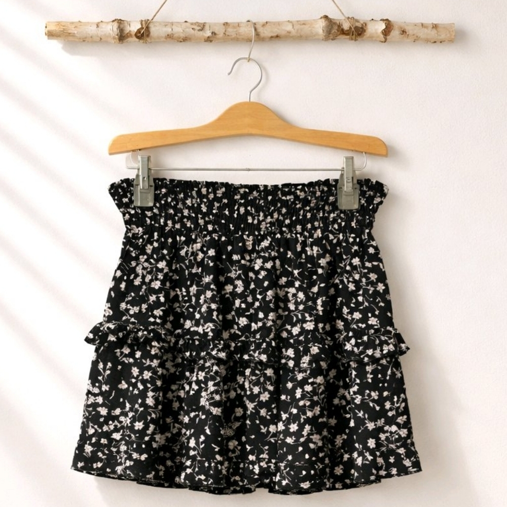 Japna Black Floral Ruffle Mini Skirt Size M